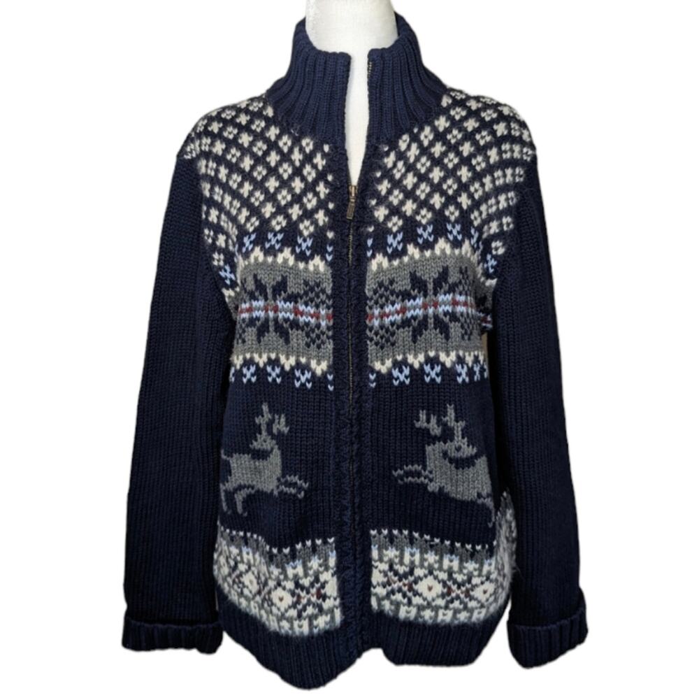 Eddie Bauer navy intarsia fair isle zip up Nordic holiday sweater size large